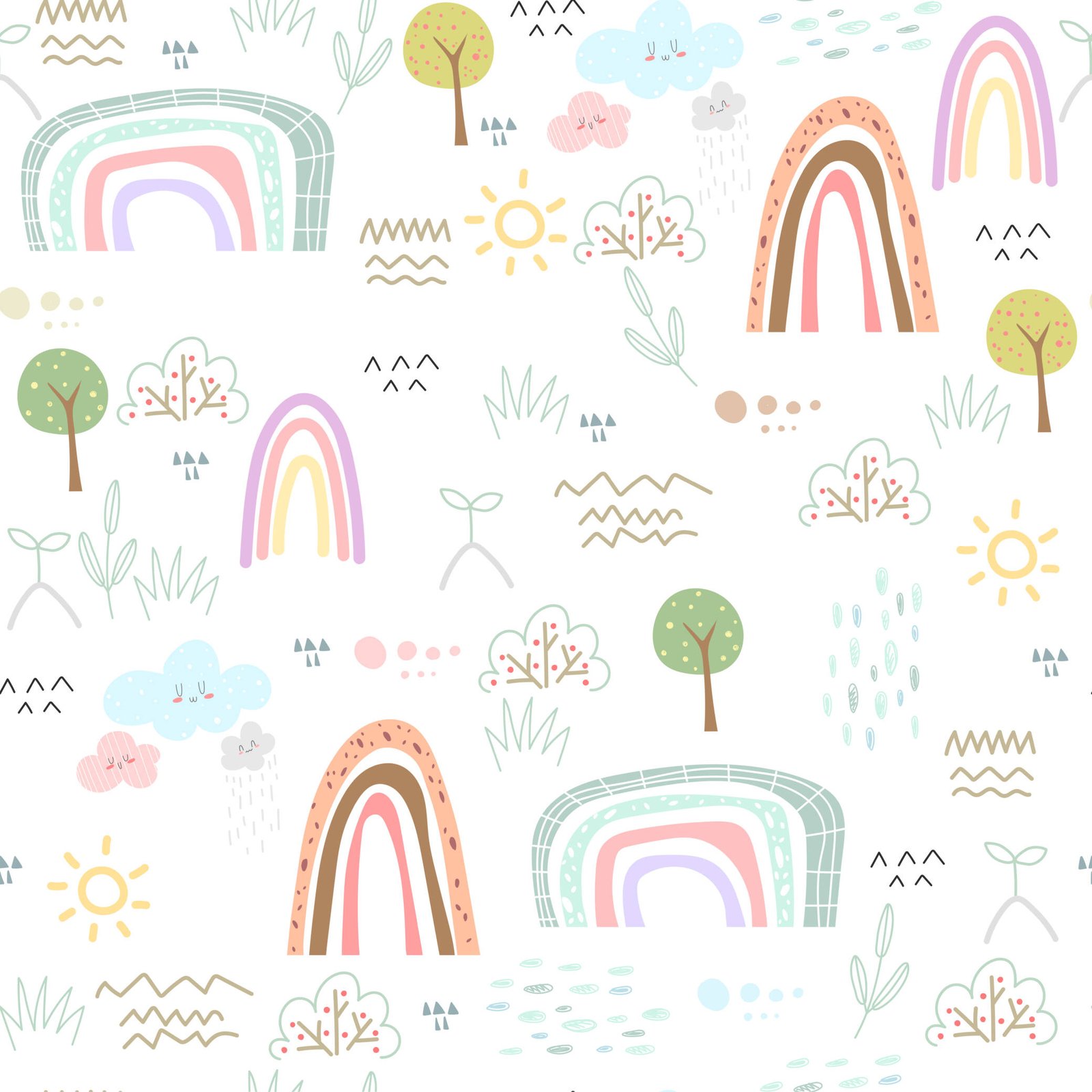 Pastel rainbow and tree mural in cozy kids' bedroom.