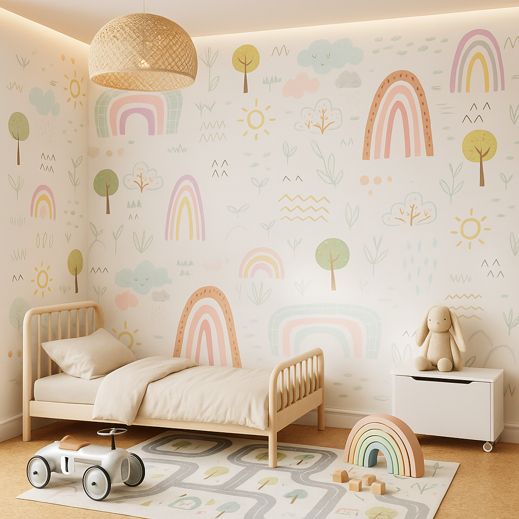 Pastel rainbow and tree mural in cozy kids' bedroom.