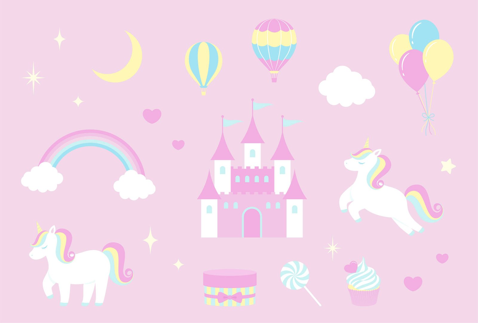 Pink kids' room with unicorn, castle, and rainbow wall mural.