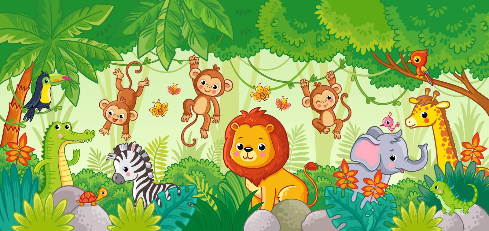 Jungle animal cartoon wallpaper for children.