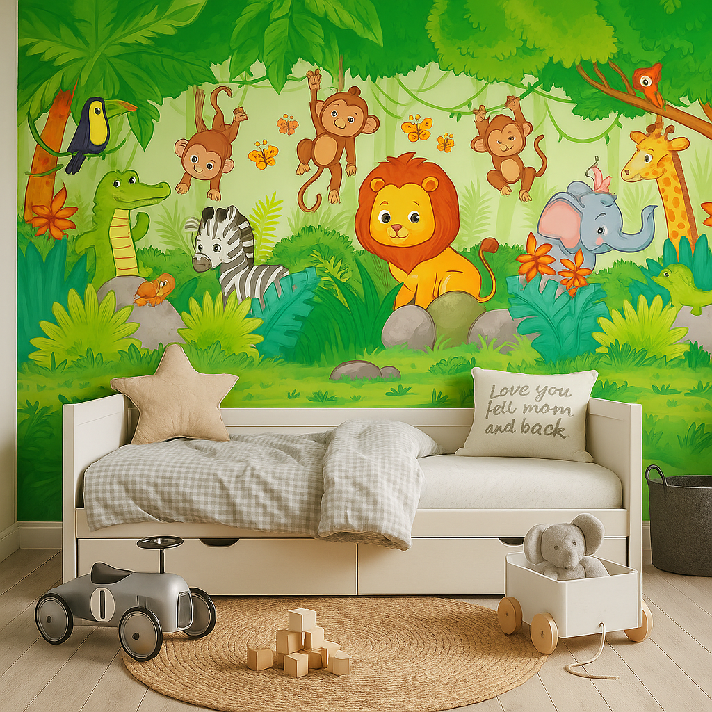 Jungle animal cartoon wallpaper for children.