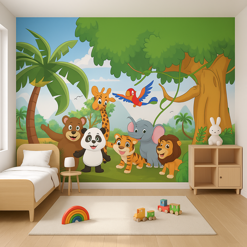 Cartoon jungle animals group illustration for kids