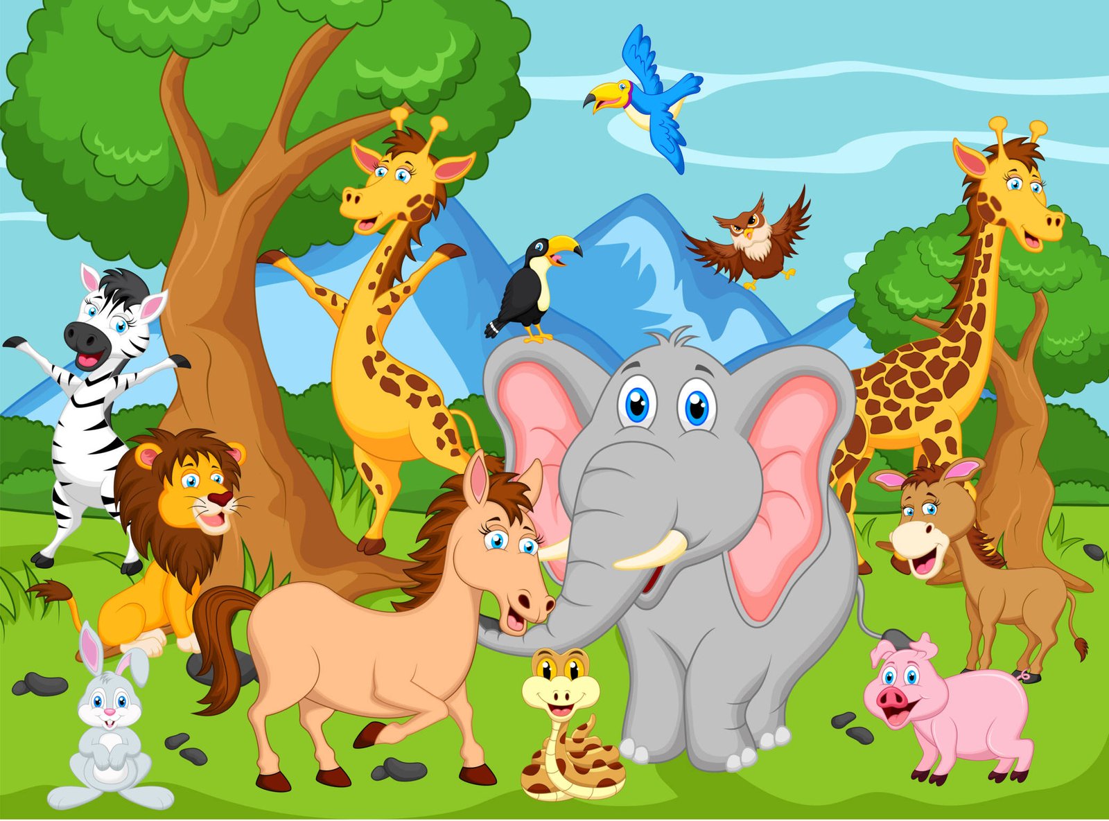 Cartoon safari animals in jungle landscape