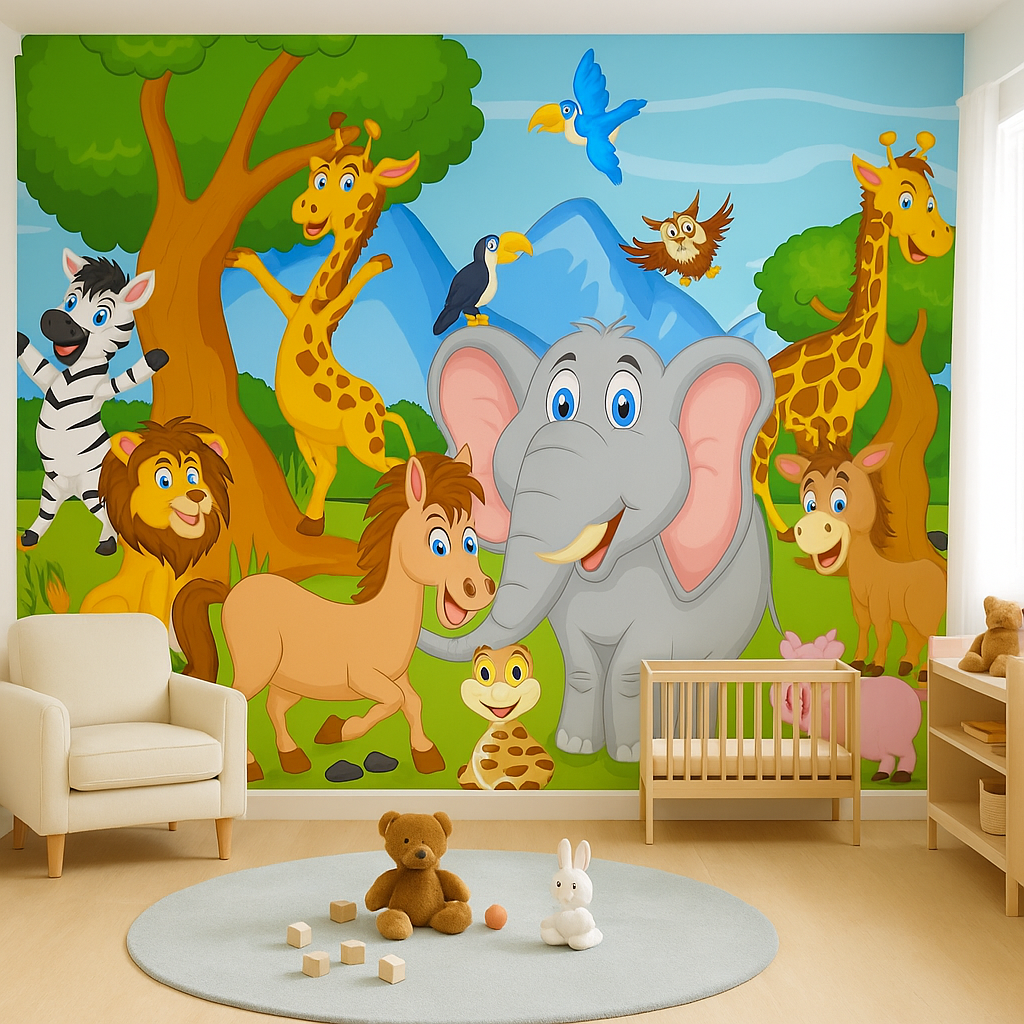 Cartoon safari animals in jungle landscape