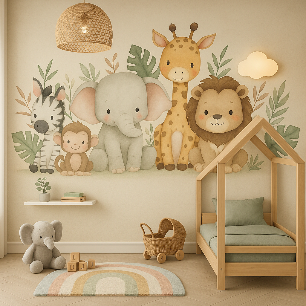Kids room with safari animal mural and wooden bed