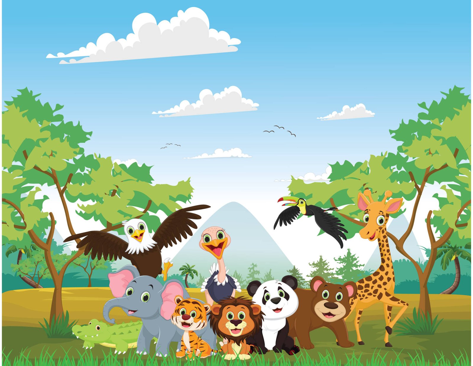 Cartoon jungle animals with birds in nature scene
