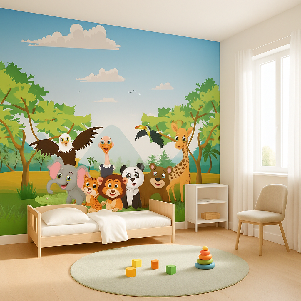 Cartoon jungle animals with birds in nature scene
