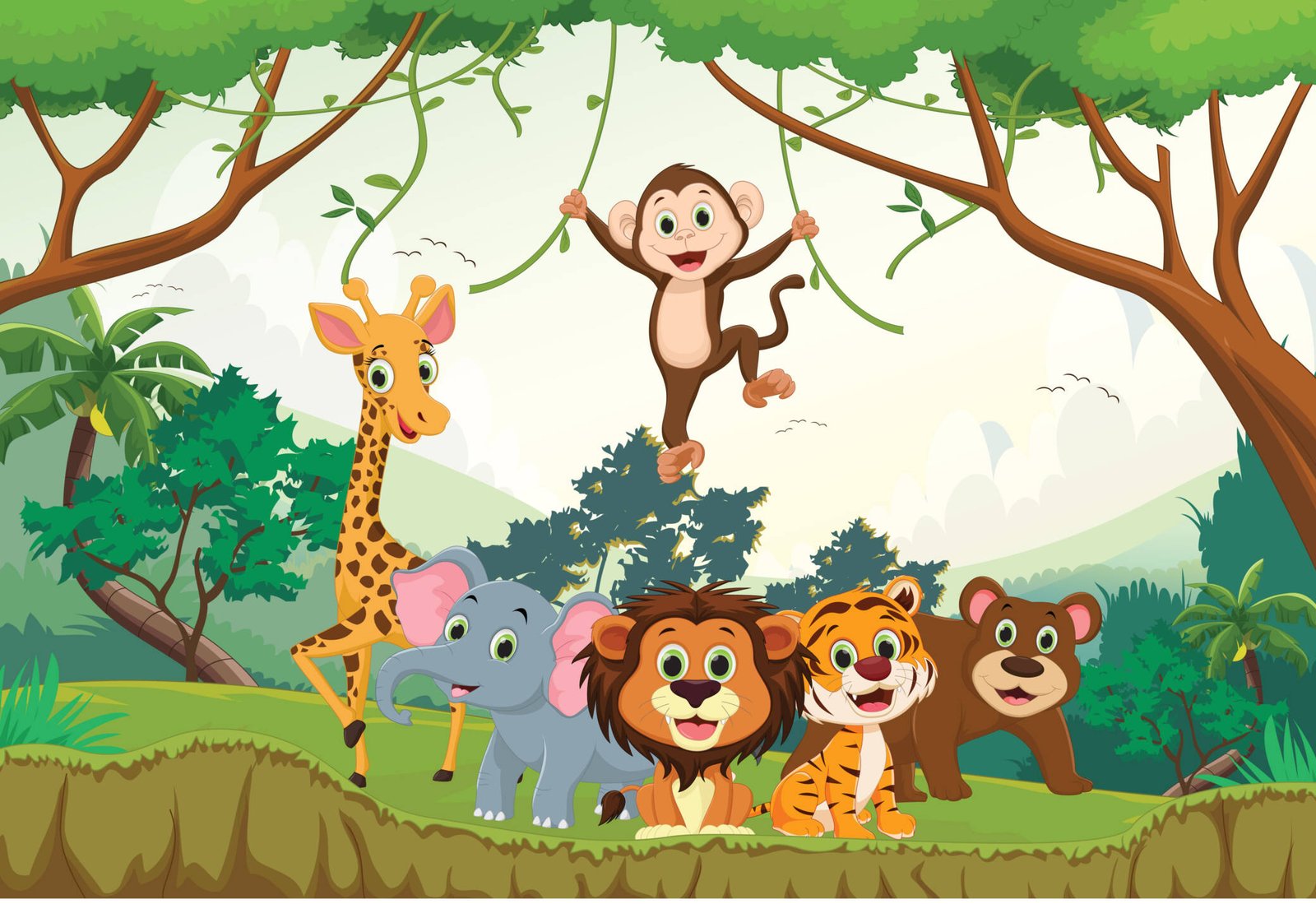 Cartoon jungle animals including monkey, giraffe, elephant, lion, tiger, and bear