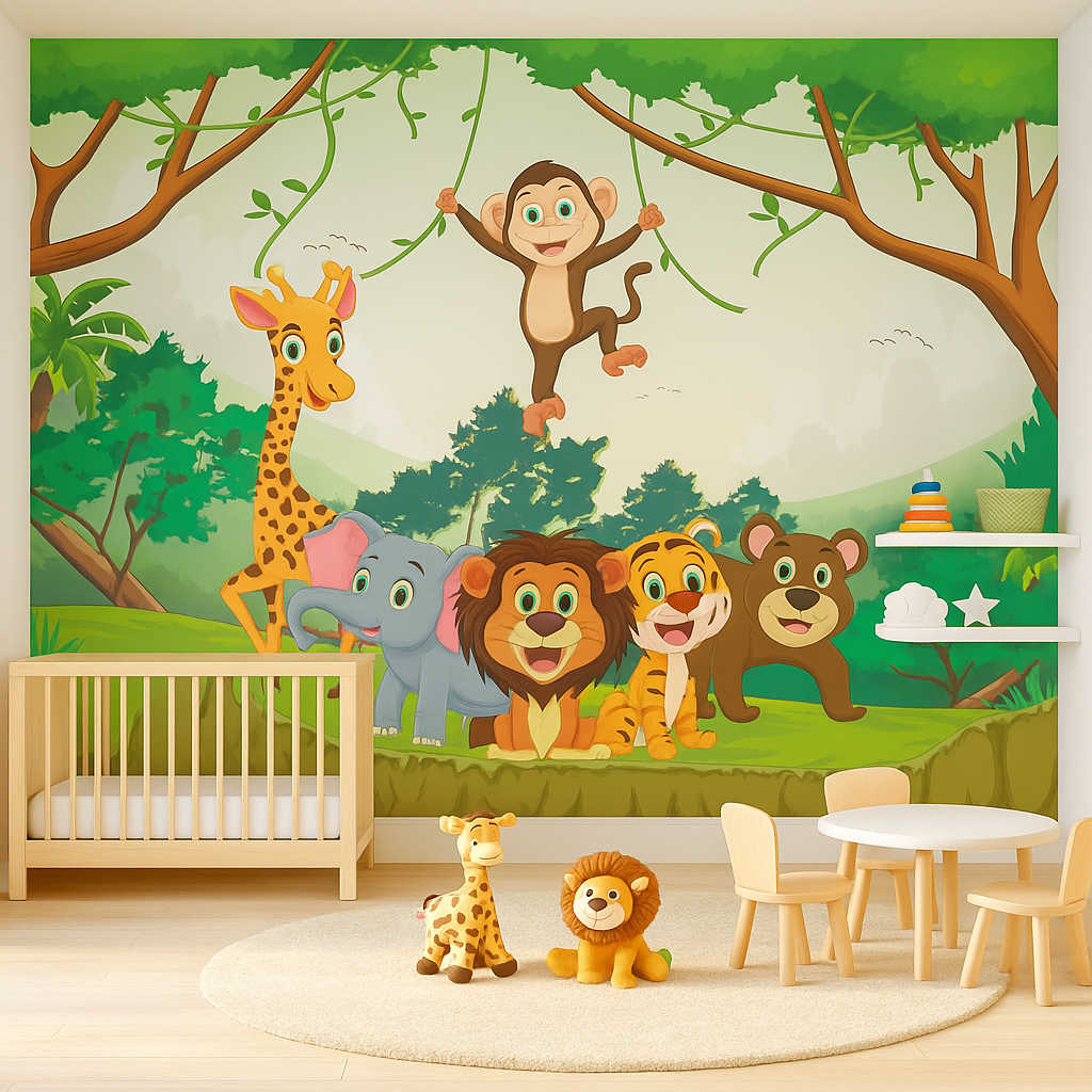 Cartoon jungle animals including monkey, giraffe, elephant, lion, tiger, and bear