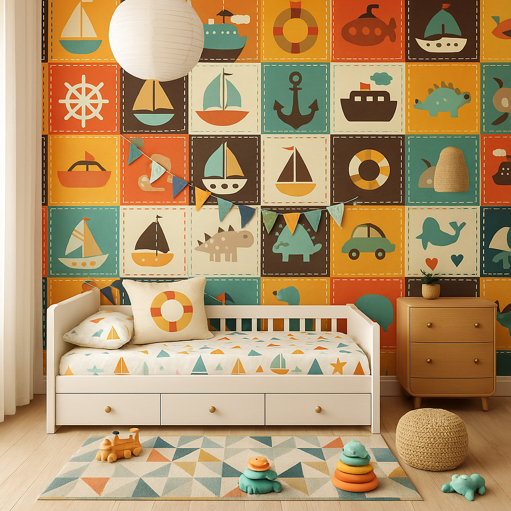 Nautical patchwork wallpaper in kids bedroom