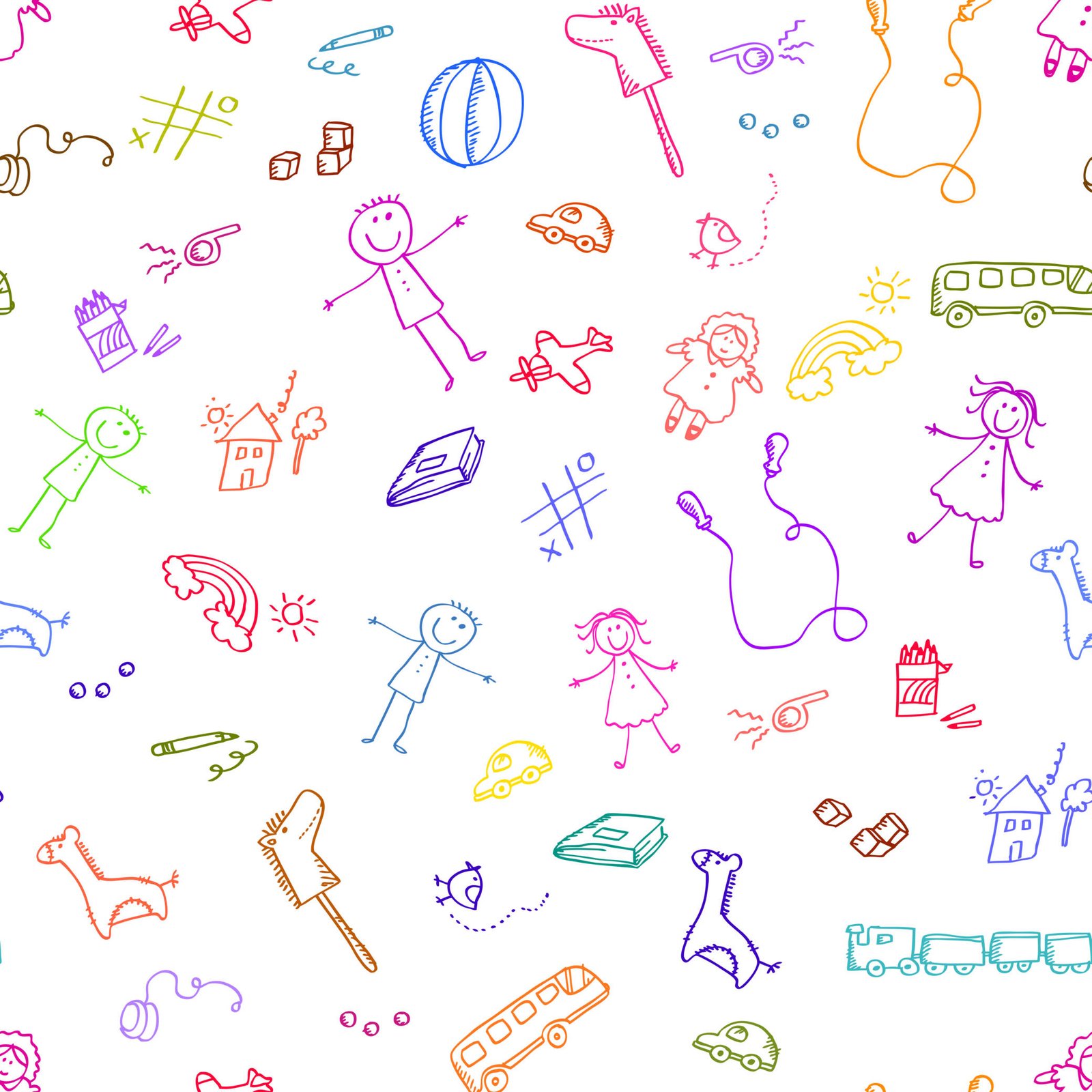 Colorful doodle wall mural in a modern kids' bedroom.