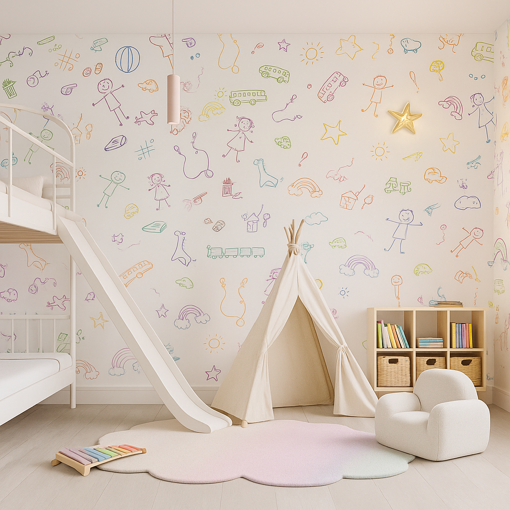 Colorful doodle wall mural in modern kids bedroom.