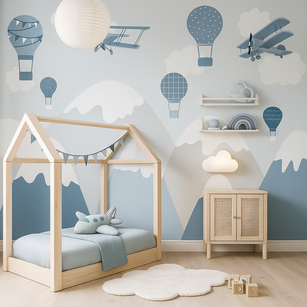 Blue mountain-themed kids bedroom with house bed