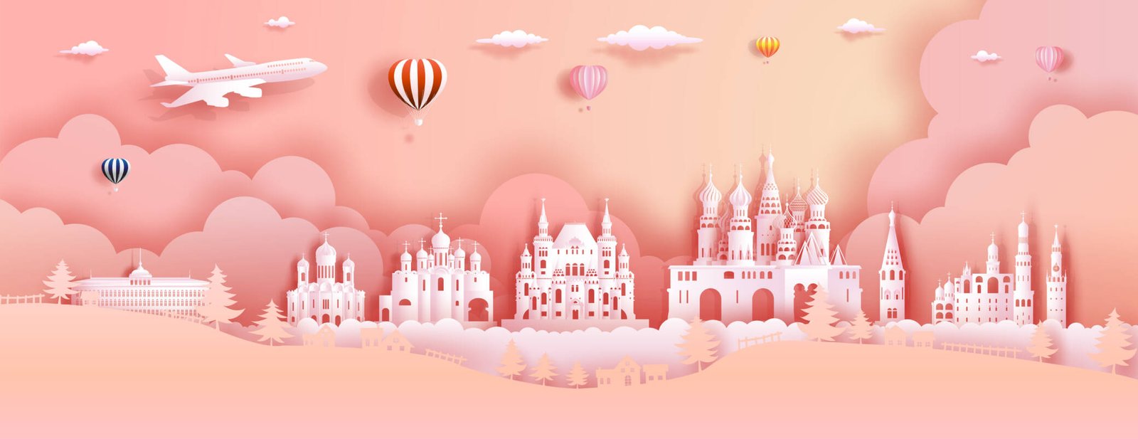 Whimsical pink cityscape wall mural for kids' room decor.