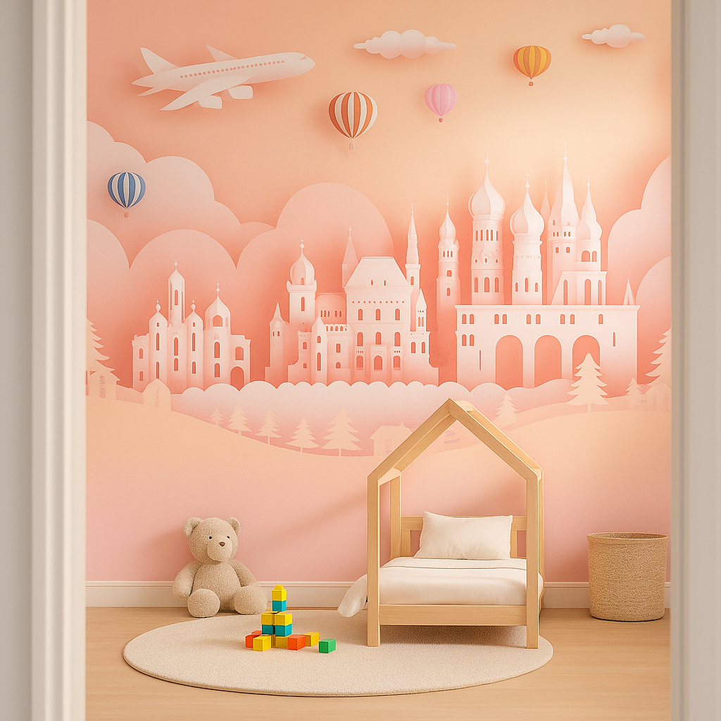 Whimsical pink cityscape wall mural for kids' room decor.
