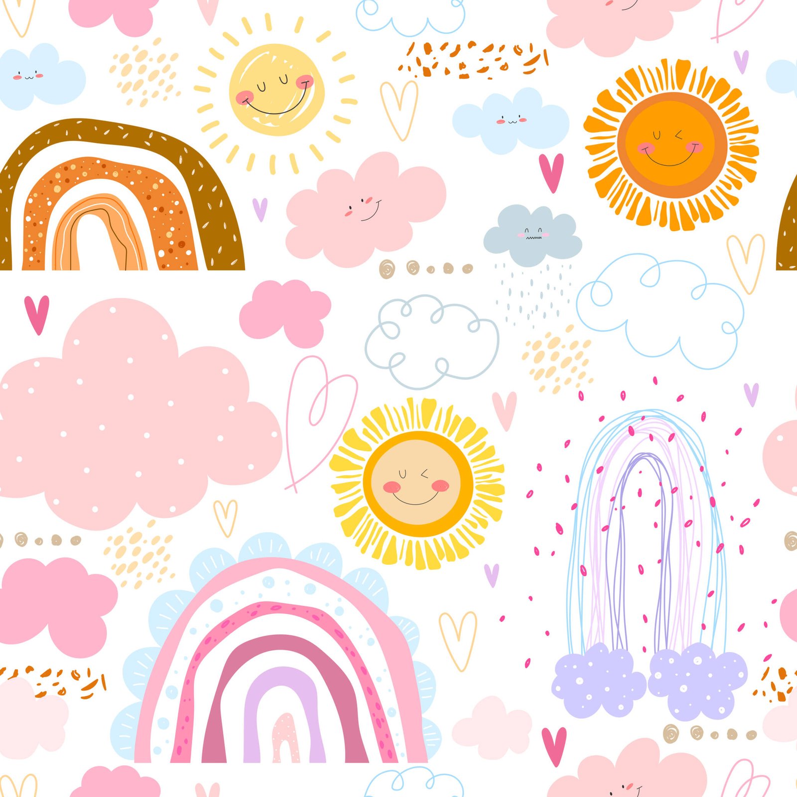 Colorful rainbow and sun nursery wallpaper pattern.