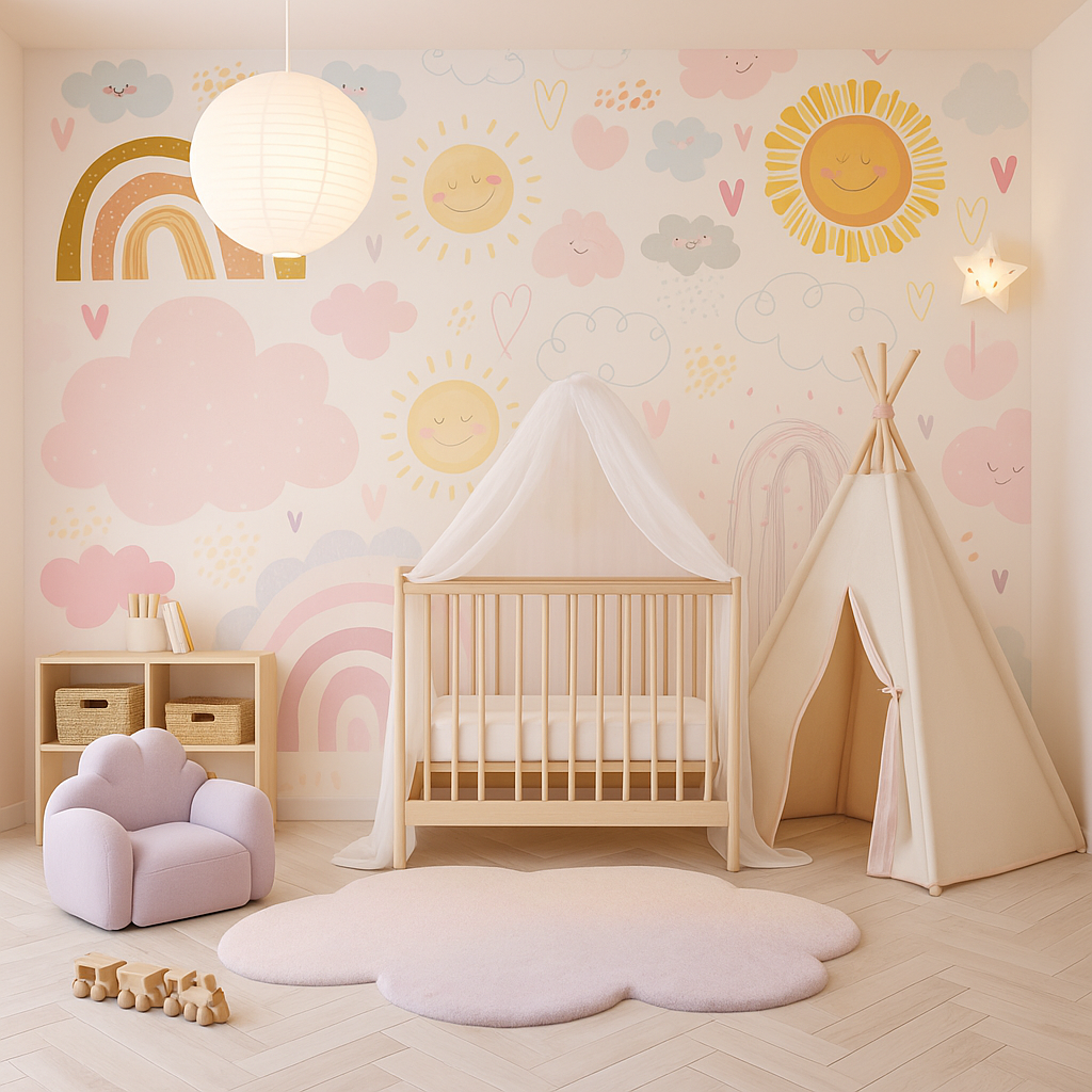 Sun and rainbow nursery wallpaper with pastel decor.