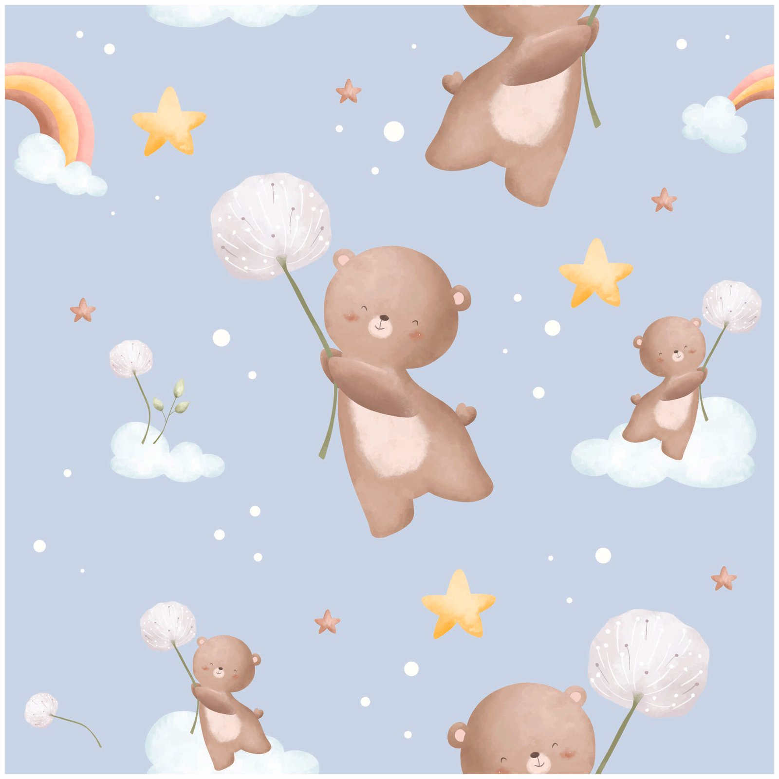 Cute teddy bear wall mural with clouds and stars for nursery decor.