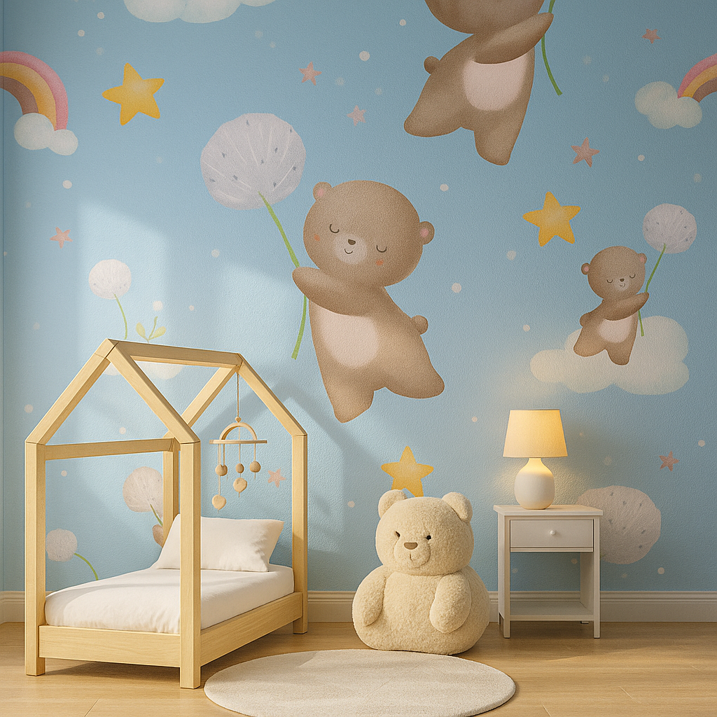 Teddy bear wall mural for kids room with sky and clouds theme.