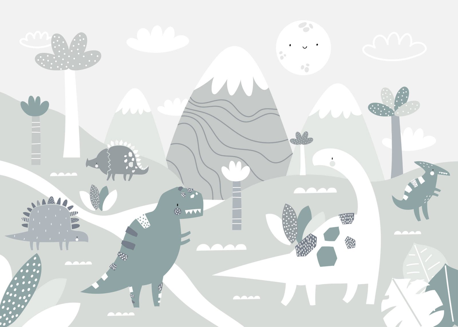 Cute dinosaur wall mural for kids room decor.