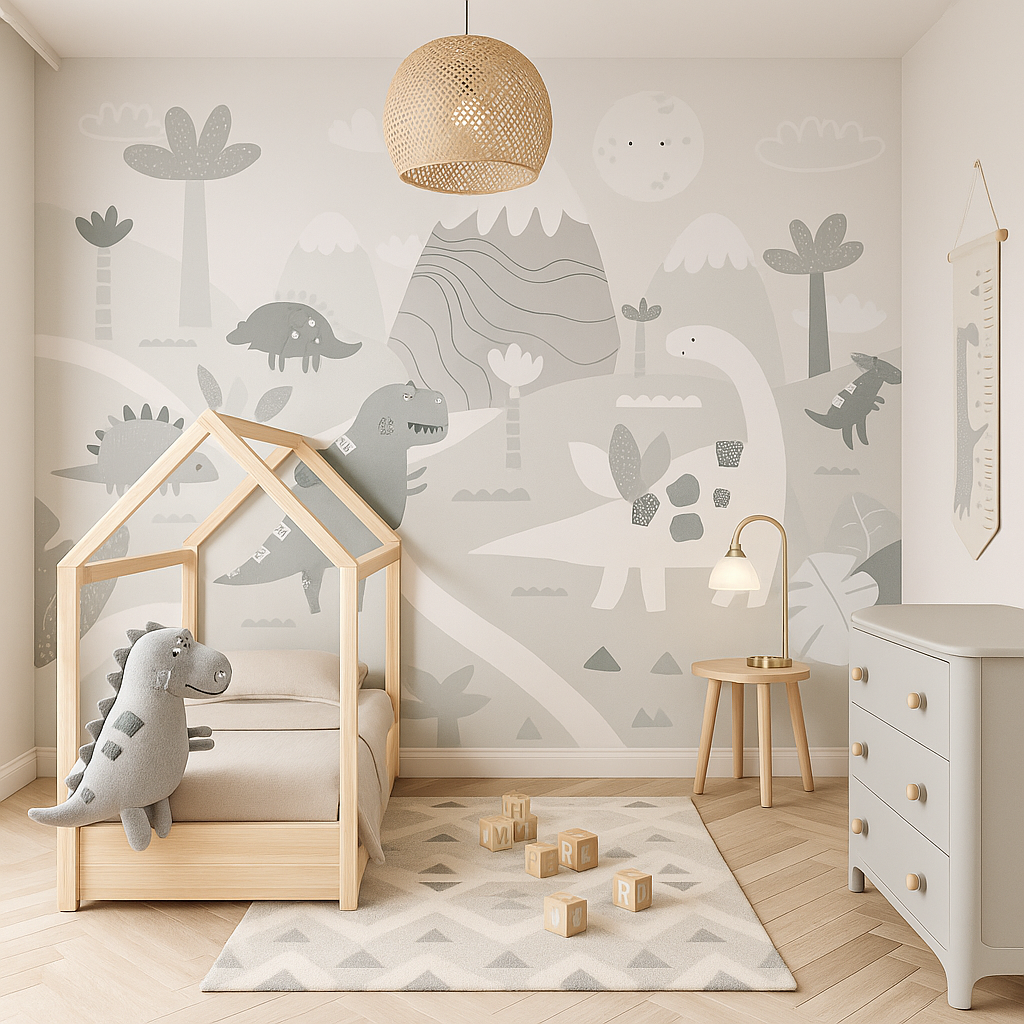 Minimalist kids room with dinosaur mural and wooden bed.