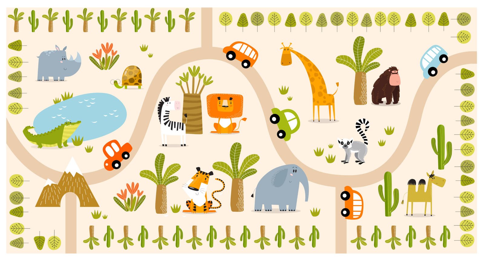 Kids playroom wall map with safari animals and cars.