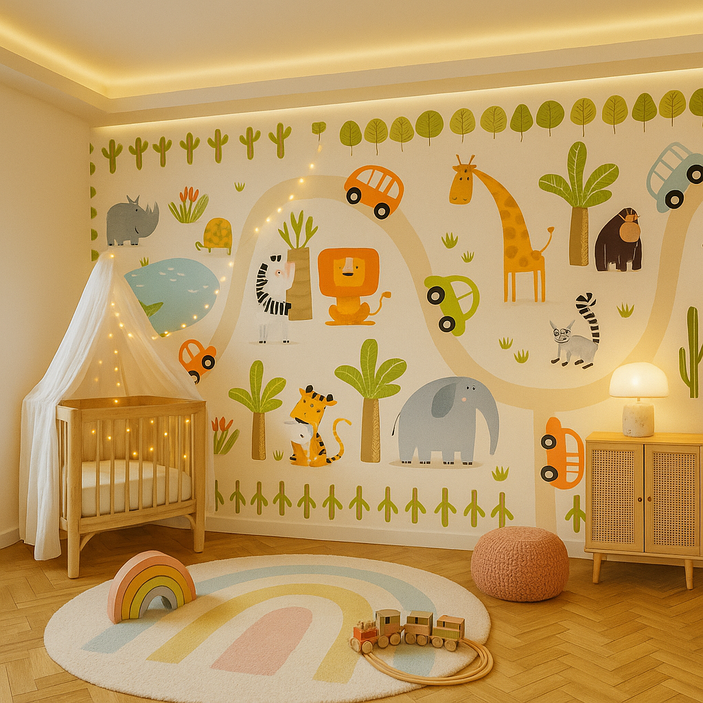 Kids'nursery with jungle animal wall decals and wooden crib.
