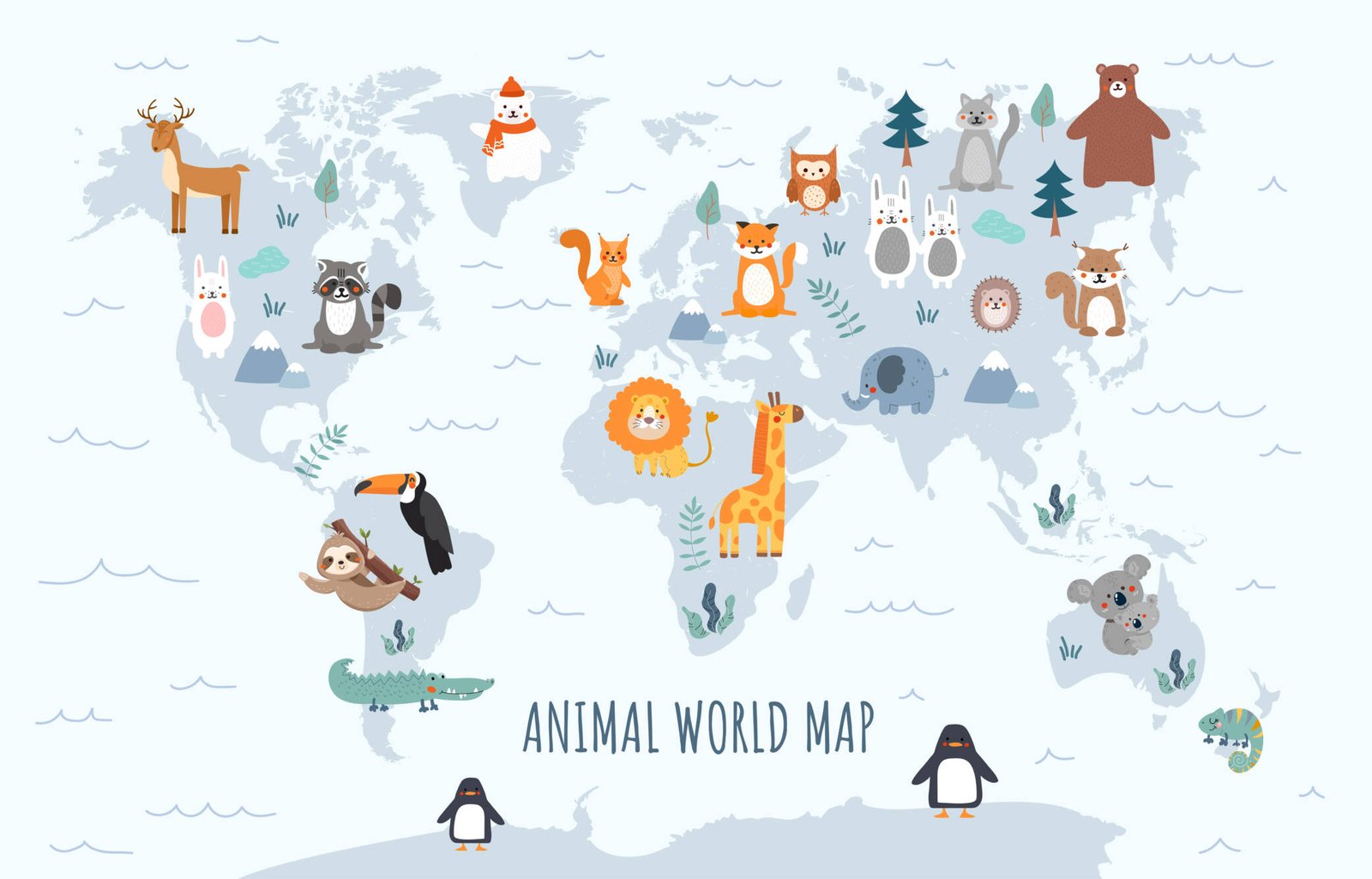 Illustrated world map with cute animals for kids