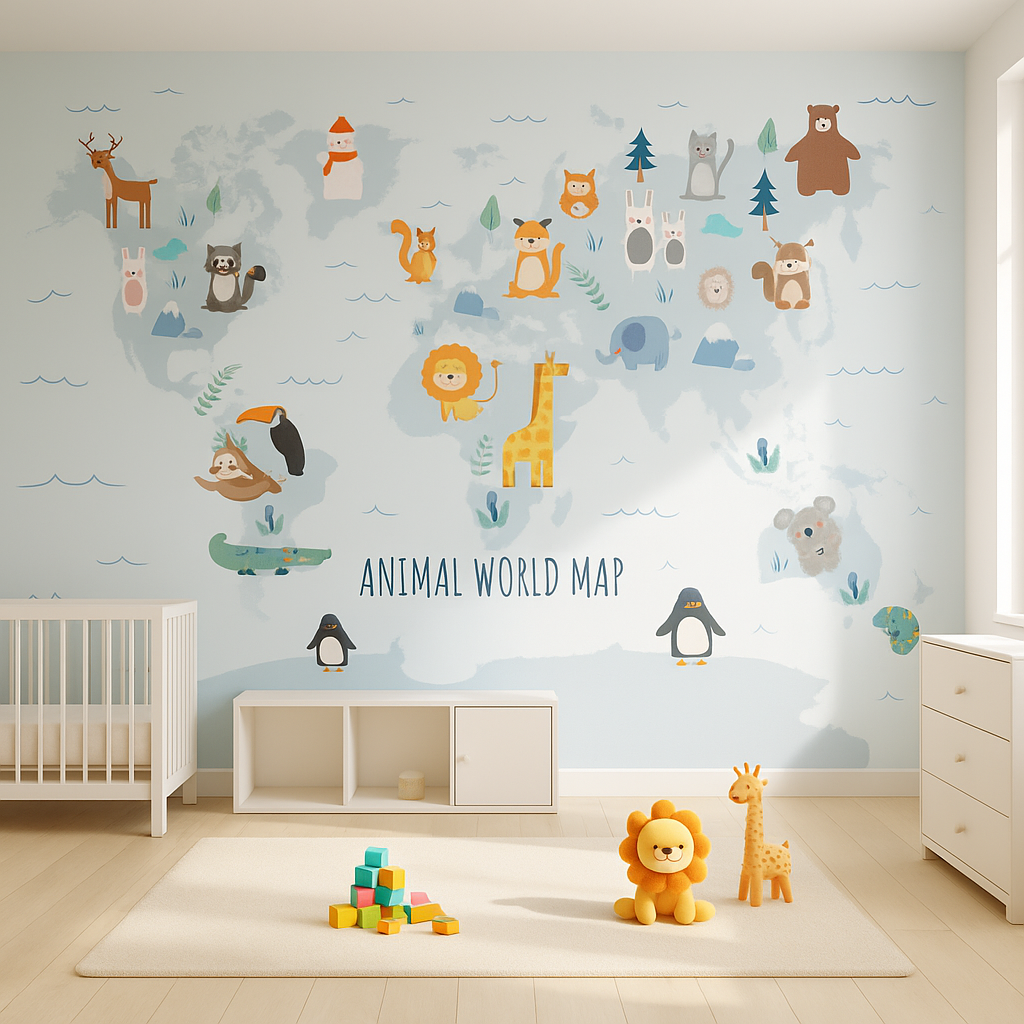 Illustrated world map with cute animals for kids