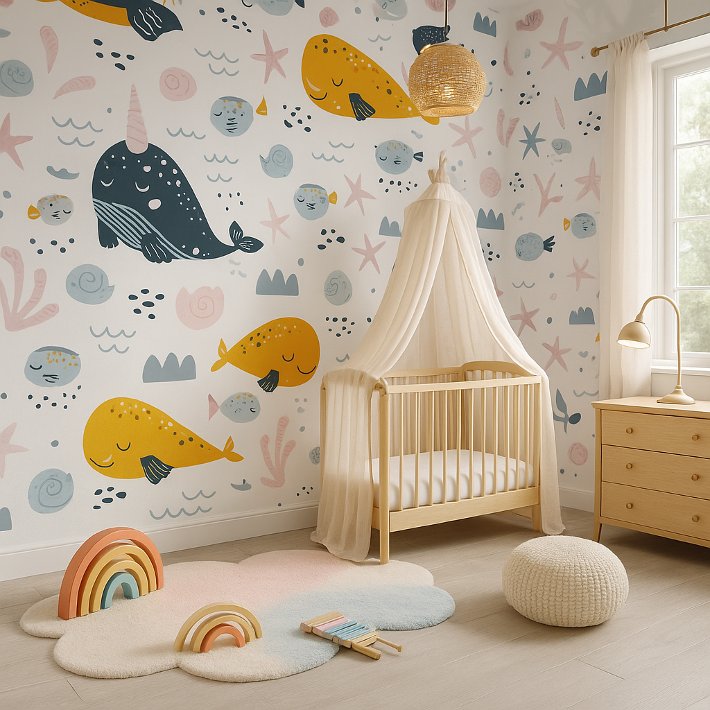 Whale pattern wallpaper in a cozy baby nursery