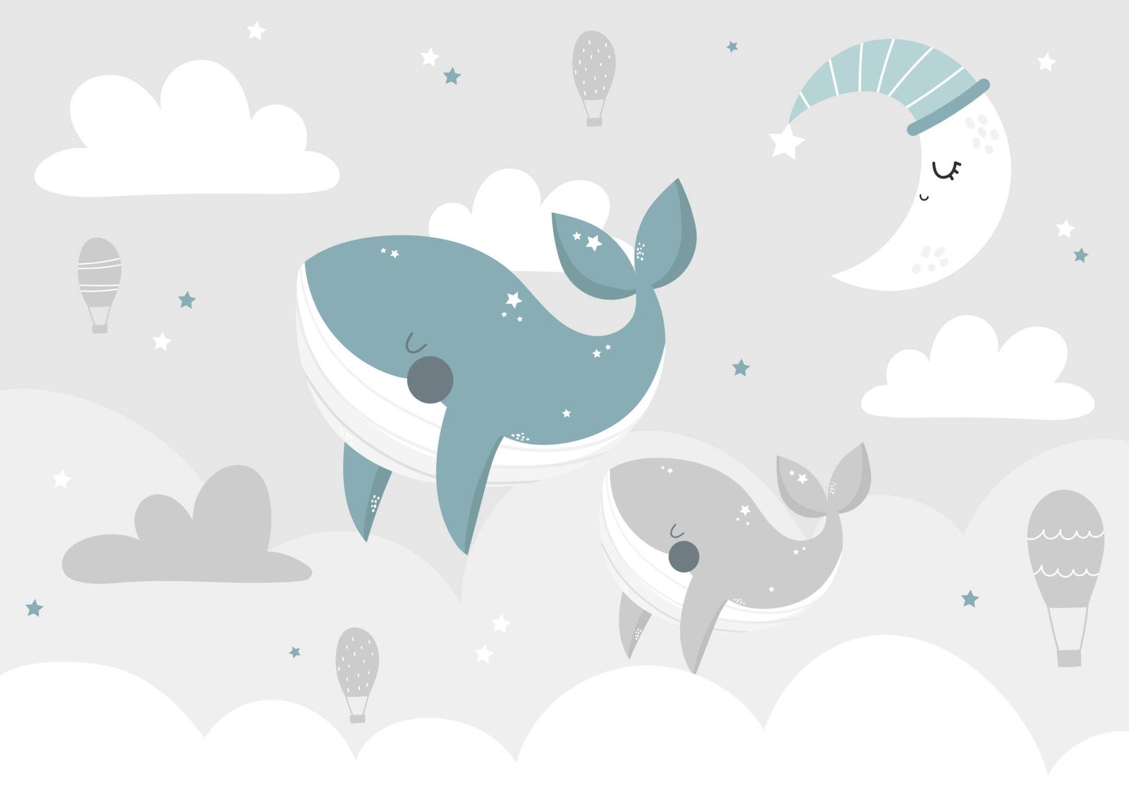 Blue whales flying among clouds and moon