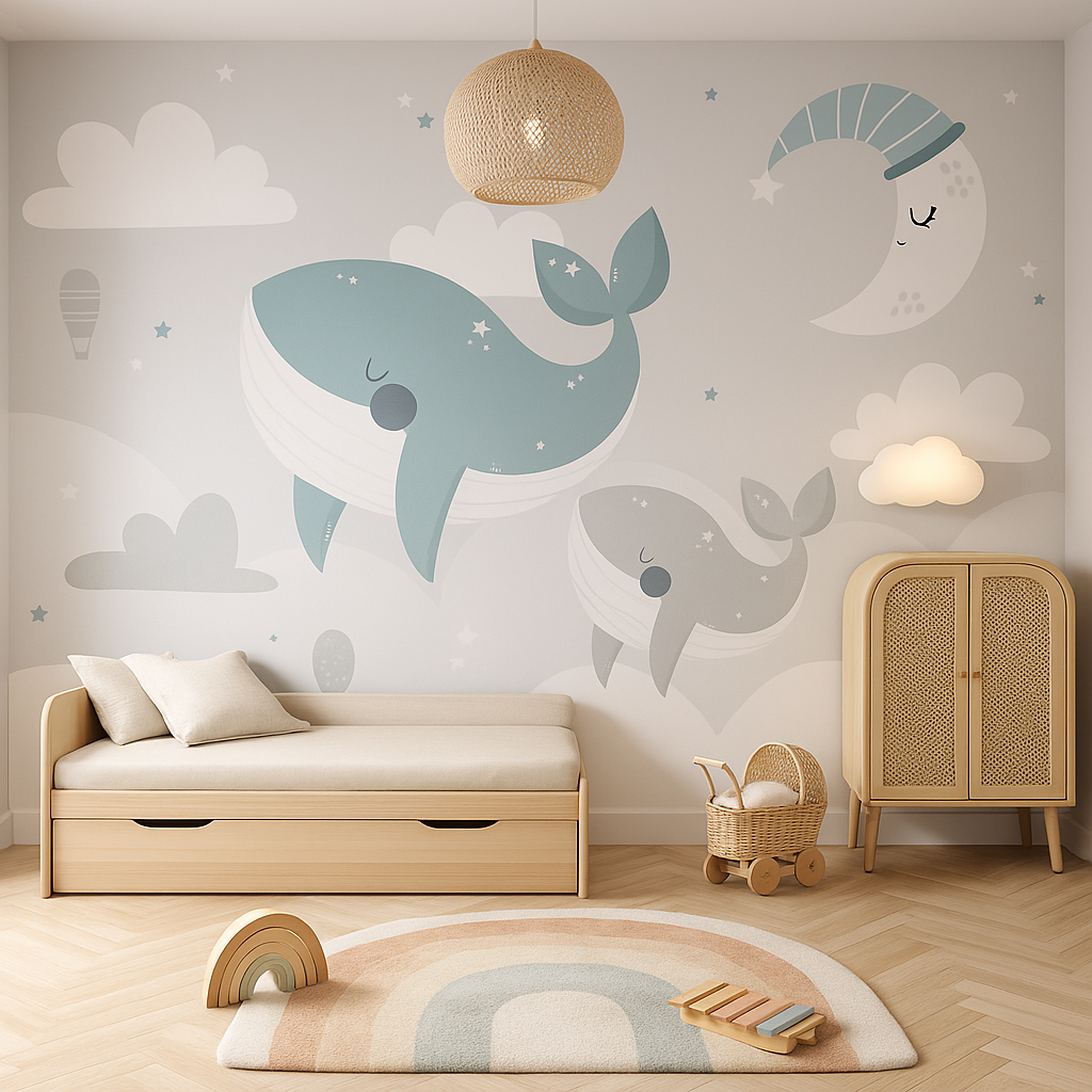 Kids room wall with blue whale and moon decor