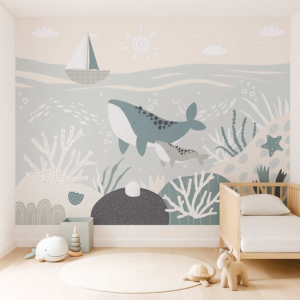 Whale underwater ocean nursery illustration