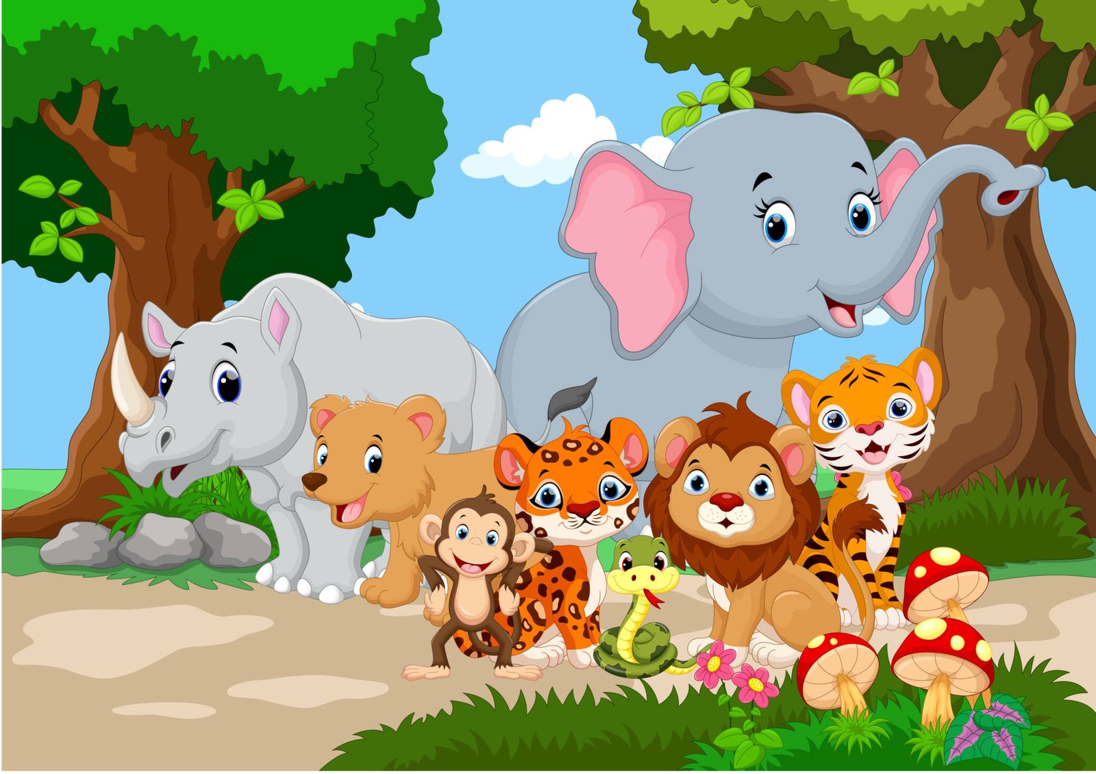 Cartoon jungle animals in colorful forest scene