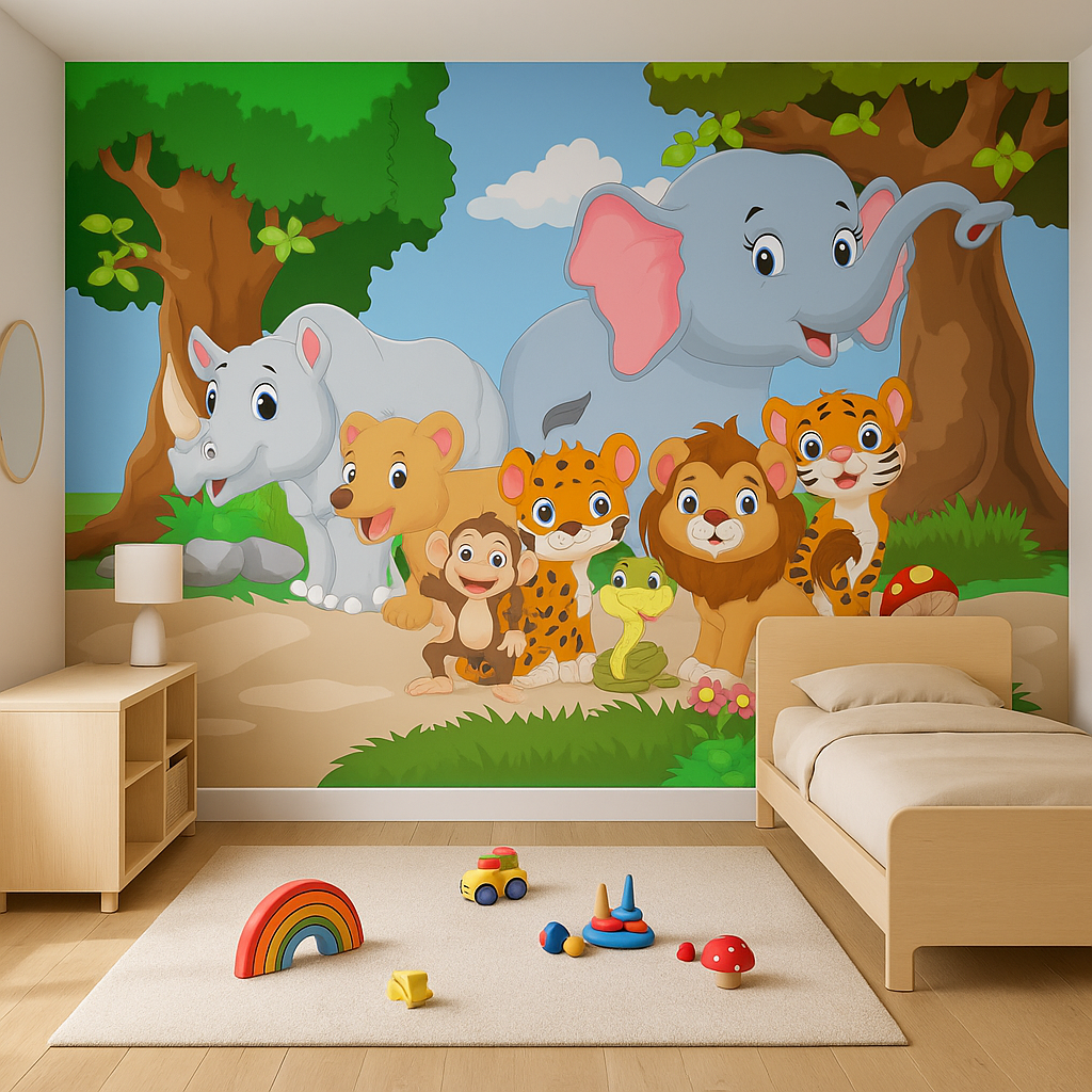 Cartoon jungle animals in colorful forest scene