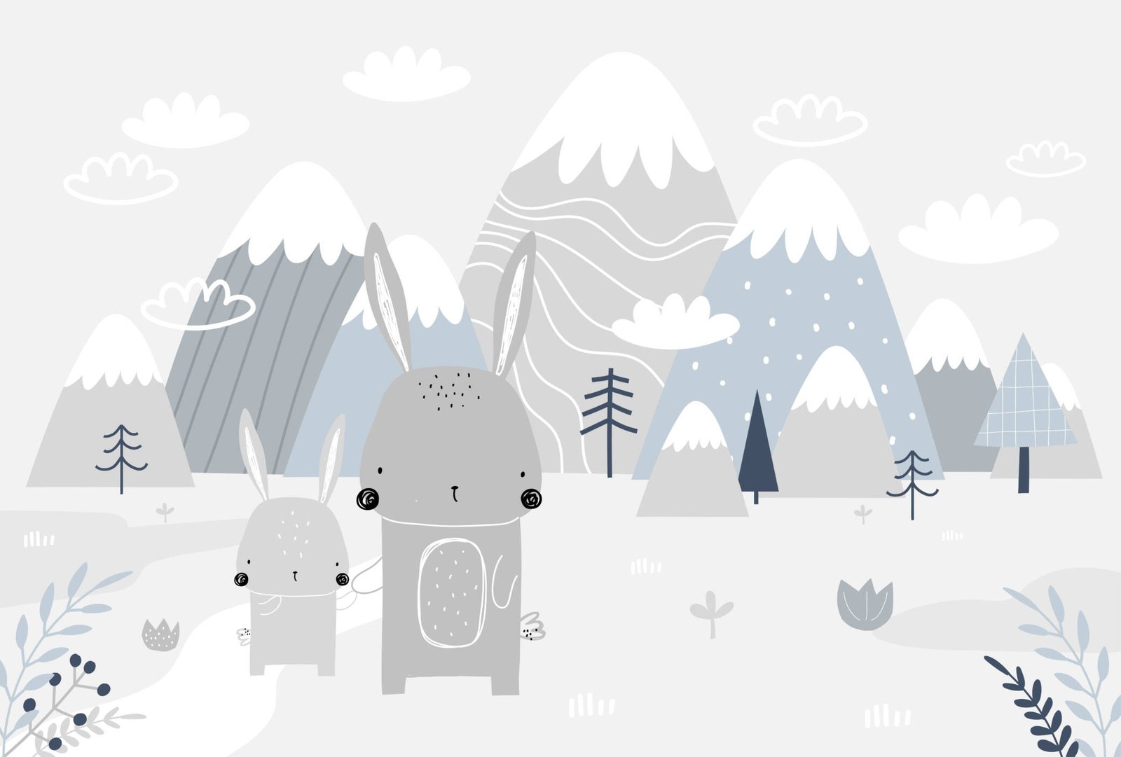 Winter bunny illustration with mountains and trees – Luxe Decor UAE