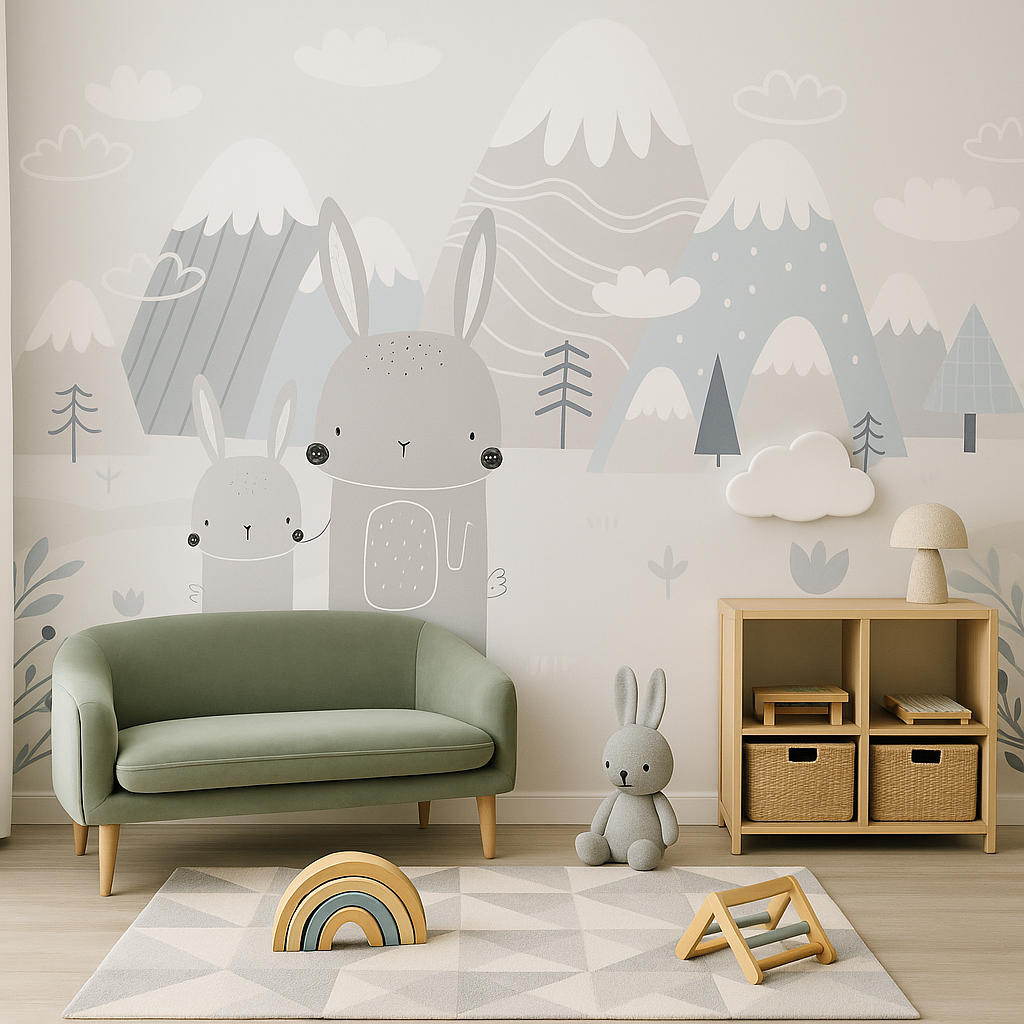Winter bunny wallpaper in kids room with green sofa – Luxe Decor UAE