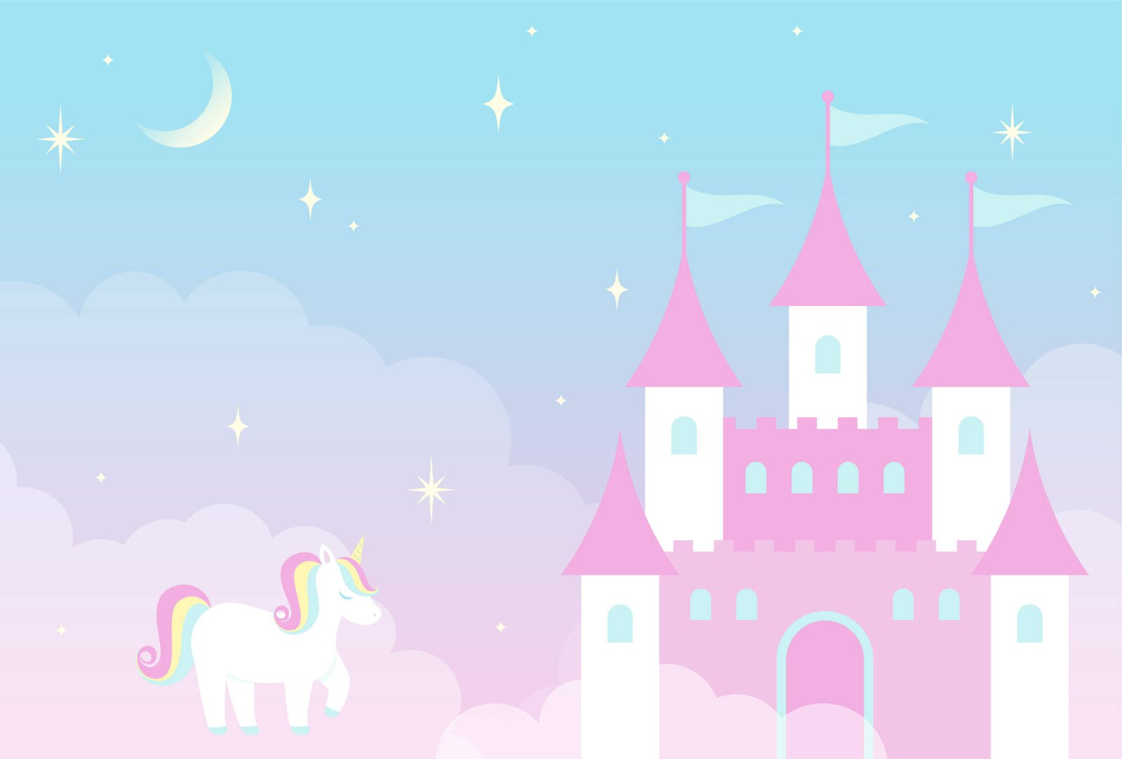 Pink castle and unicorn with stars and moon background.