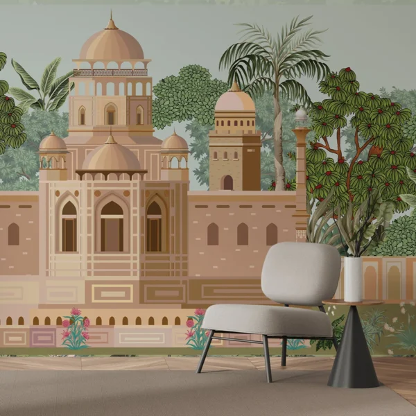 Aravalli Palace – Luxury Indian palace wallpaper with heritage architecture and lush gardens for living room, bedroom, or statement wall interiors