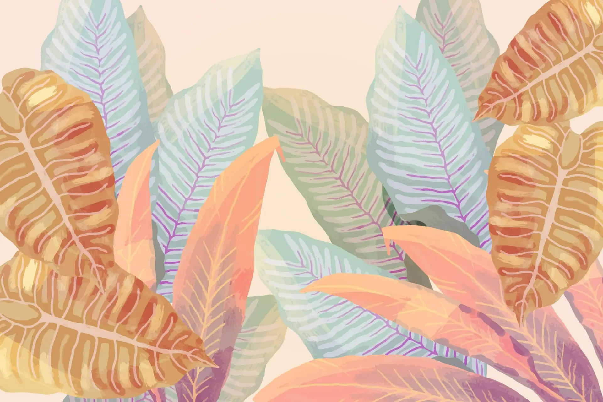 Aurora Croton – Pastel tropical leaf wallpaper with oversized mint, peach, coral and lilac foliage – alternate view