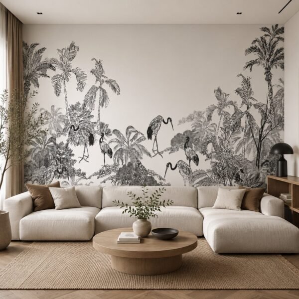 Avian Palisade – Elegant black-and-white tropical wallpaper with finely sketched palm trees and graceful wading birds