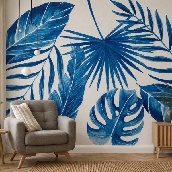 Azure Fanleaf – Bold turquoise tropical leaf wallpaper with oversized banana, palm and monstera foliage