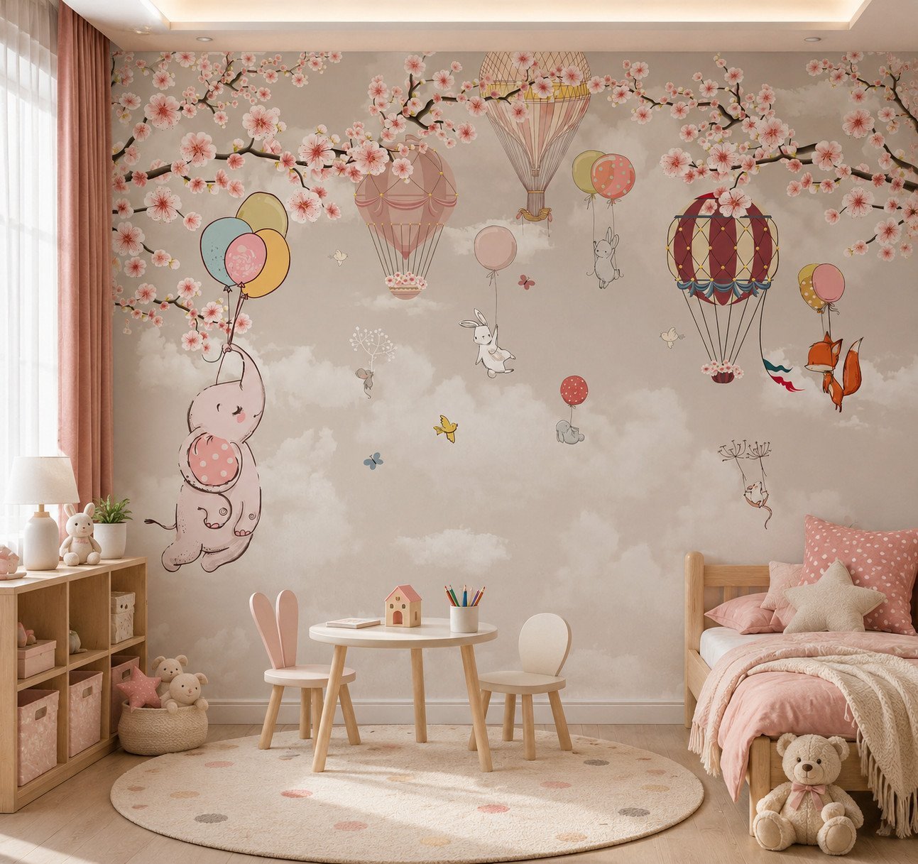 Blossom Airfair – Dreamy pink kids’ wallpaper featuring cherry blossoms, hot-air balloons, clouds and playful animals