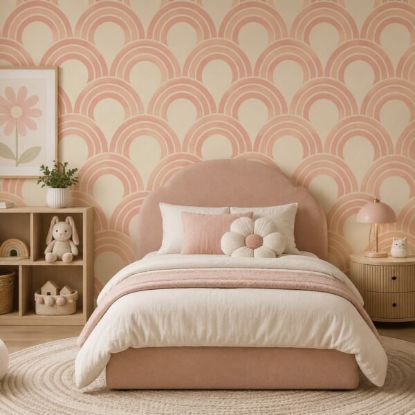 Blush Halo – Soft coral-pink and cream Art Deco arch wallpaper with repeating scalloped rainbow geometry
