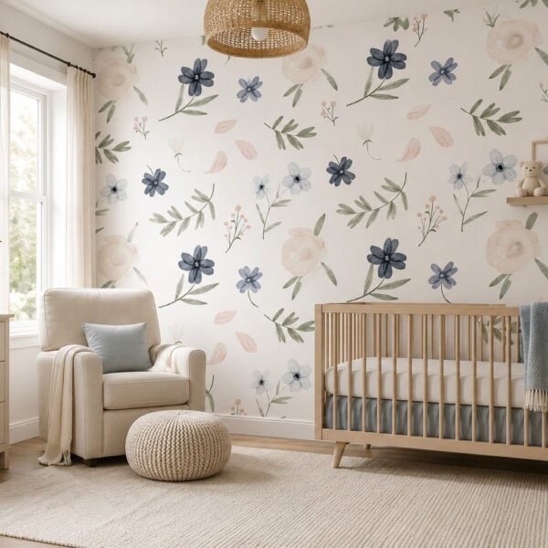 Blush Sprig – Delicate watercolour floral wallpaper with charcoal-blue blossoms, blush petals and soft sage leaves