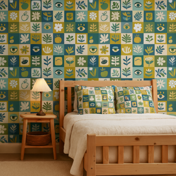 Botanical Patchwork – Infuse warmth and charm into your home with Botanical Patchwork — a playful tile-style wallpaper that brings modern folk art to your walls