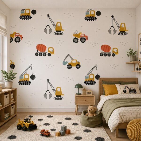 Builder Fleet – Playful construction vehicle wallpaper with cranes, dump trucks, cement mixers and excavators in mustard, orange, blue-grey and black
