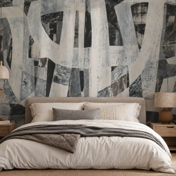 Carbon Gesture – Bold black, grey and soft white abstract brushstroke wallpaper with layered sweeping forms