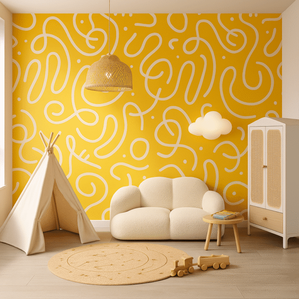 SunSwing – Yellow wallpaper with playful white squiggly line patterns, fun abstract designs, cheerful kids’ room styles, and modern contemporary wall art