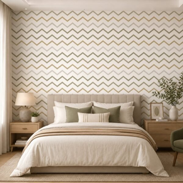 Chevron Lilt – Soft beige and greige chevron wallpaper with a clean geometric zigzag pattern